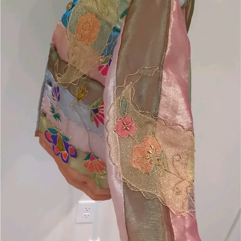 Sandy Starkman Womens S Sheer Colorful Boho Embroidered Floral Appliqué Jacket